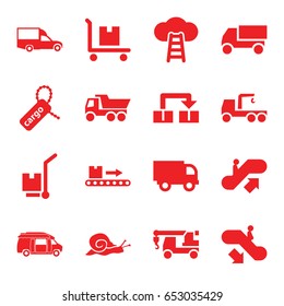 Moving icons set. set of 16 moving filled icons such as snail, escalator up, escalator down, truck, truck with hook, van, cargo tag, cargo on cart, luggage scan, object move