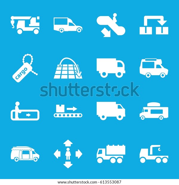 Moving icons set. set of 16\
moving filled icons such as escalator, escalator down, man move,\
truck, truck with hook, van, cargo tag, luggage scan, move on\
map