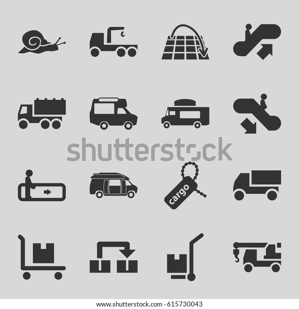 Moving icons set. set of\
16 moving filled icons such as snail, escalator, escalator up,\
escalator down, truck, truck with hook, van, cargo tag, cargo on\
cart, move on map
