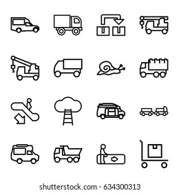 Moving icons set. set of 16 moving outline icons such as escalator, escalator down, truck with luggage, snail, truck, truck with hook, van, cargo on cart, ladder to the sky