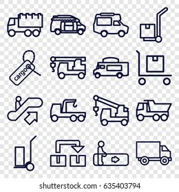 Moving icons set. set of 16 moving outline icons such as escalator, escalator up, truck, truck with hook, cart cargo, van, cargo tag, cargo on cart