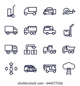 Moving icons set. set of 16 moving outline icons such as snail, man move, truck, truck with hook, cart cargo, van, cargo on cart, ladder to the sky