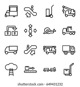 Moving icons set. set of 16 moving outline icons such as escalator up, escalator down, truck with luggage, snail, man move, truck, truck with hook, cart cargo, van