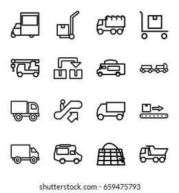 Moving icons set. set of 16 moving outline icons such as escalator up, truck with luggage, truck, truck with hook, van, cargo on cart, luggage scan, move on map