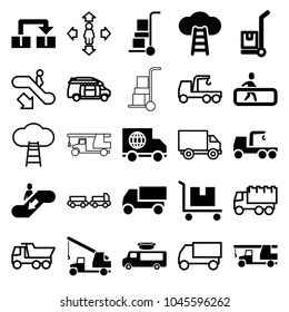 Moving icons. set of 25 editable filled and outline moving icons such as truck, truck with hook, object move, ladder to the sky, escalator down, truck with luggage, man move