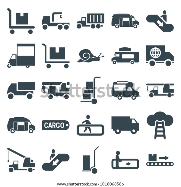 Moving icons. set of 25\
editable filled moving icons such as escalator, snail, truck, truck\
with hook, cart cargo, van, cargo on cart, luggage scan, ladder to\
the sky