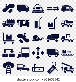 Moving icons set. set of 25 moving filled icons such as snail, escalator, escalator up, escalator down, truck with luggage, man move, truck, truck with hook, cart cargo, van