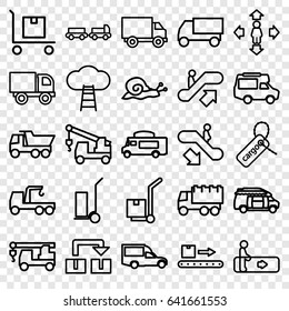 Moving icons set. set of 25 moving outline icons such as escalator, escalator up, escalator down, truck with luggage, snail, man move, truck, truck with hook, cart cargo, van