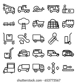 Moving icons set. set of 25 moving outline icons such as escalator, escalator down, truck with luggage, snail, man move, truck, truck with hook, cart cargo, van, cargo tag