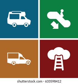 Moving icons set. set of 4 moving filled icons such as escalator down, van