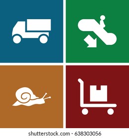 Moving icons set. set of 4 moving filled icons such as snail, escalator down, truck