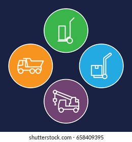 Moving icons set. set of 4 moving outline icons such as truck, truck with hook, cart cargo