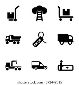 moving icons set. Set of 9 moving filled icons such as escalator, truck, truck with hook, van, cargo tag, cargo on cart