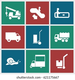Moving icons set. set of 9 moving filled icons such as snail, escalator, escalator down, truck, truck with hook, cart cargo, van