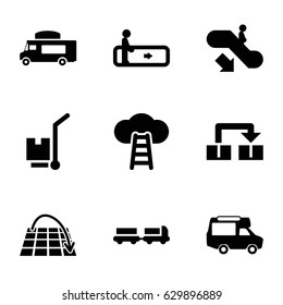 Moving icons set. set of 9 moving filled icons such as escalator, escalator down, truck with luggage, van, cargo on cart, move on map, object move