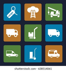 Moving icons set. set of 9 moving filled icons such as truck with hook, cart cargo, van, cargo tag, cargo on cart, truck