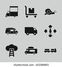 Moving icons set. set of 9 moving filled icons such as snail, truck with luggage, man move, van, cargo on cart, truck