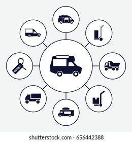 Moving icons set. set of 9 moving filled icons such as truck, cart cargo, van, cargo tag