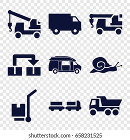 Moving icons set. set of 9 moving filled icons such as snail, truck with luggage, truck, truck with hook, van, cargo on cart