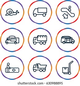 Moving icons set. set of 9 moving outline icons such as escalator, escalator down, snail, truck, van