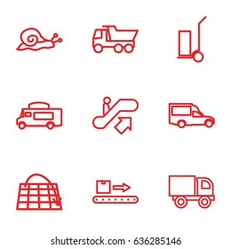 Moving icons set. set of 9 moving outline icons such as escalator up, snail, truck, cart cargo, van, luggage scan