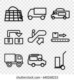 Moving icons set. set of 9 moving outline icons such as escalator up, truck, cart cargo, van, luggage scan, move on map