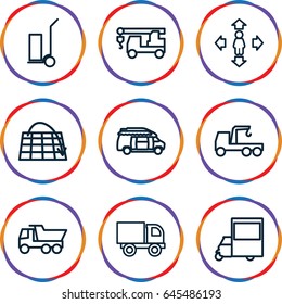 Moving icons set. set of 9 moving outline icons such as man move, truck, truck with hook, cart cargo, van