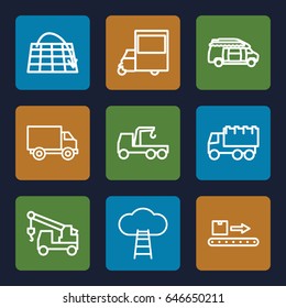 Moving icons set. set of 9 moving outline icons such as truck, truck with hook, van, luggage scan, ladder to the sky