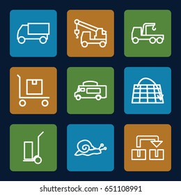Moving icons set. set of 9 moving outline icons such as snail, truck, truck with hook, cart cargo, van, cargo on cart, move on map