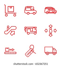Moving icons set. set of 9 moving outline icons such as escalator up, man move, truck with hook, van, cargo tag, cargo on cart, luggage scan