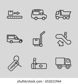 Moving icons set. set of 9 moving outline icons such as escalator, escalator down, truck, van, cargo tag, cargo on cart