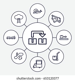 Moving icons set. set of 9 moving outline icons such as escalator up, truck with luggage, snail, truck with hook, van, cargo on cart, luggage scan, ladder to the sky