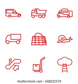 Moving icons set. set of 9 moving outline icons such as escalator up, snail, truck, van, cargo on cart, ladder to the sky