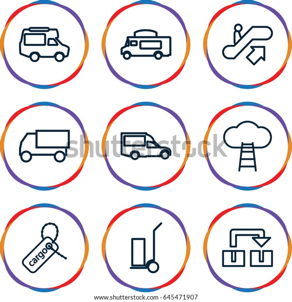 Moving icons set. set of 9 moving outline icons such\
as escalator up, truck, cart cargo, van, cargo tag, ladder to the\
sky
