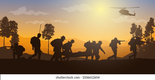 Moving injured person, Military vector illustration, Army background, soldiers silhouettes, Artillery, Cavalry, Airborne, Army Medical.