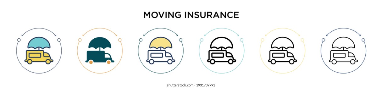 Moving insurance icon in filled, thin line, outline and stroke style. Vector illustration of two colored and black moving insurance vector icons designs can be used for mobile, ui, web