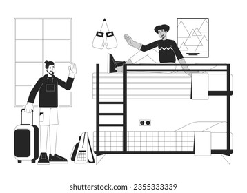 Moving into dorm bw vector spot illustration. University roommates freshmen 2D cartoon flat line monochromatic characters for web UI design. Going to college editable isolated outline hero image