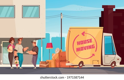 Moving into new apartment family and truck driver signing consignment note outdoor near packed belongings cartoon vector illustration