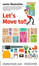 Moving into new apartment infographics. Man carrying cardboard boxes. Vector illustration. 