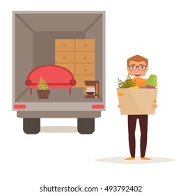 Moving into a new apartment. Man holds a box of stuff. Vector illustration. Cartoon character. Isolated.