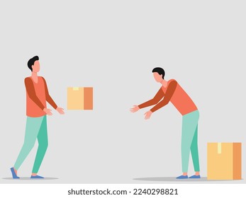 Moving into new home and box catching system. Cartoon characters carrying carton boxes indoors. Manual handling throwing process for new house and moving service concept. It is box catching system.