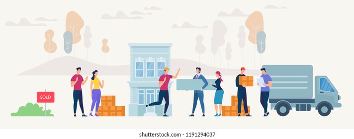 Moving into new House Concept. People have Relocation in new place. Things in Box in Truck set. Moving Furniture with Transport. Flat style Design. Vector Cartoon Illustration.