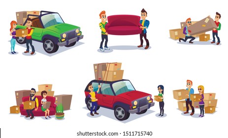 Moving into New House Concept Flat Cartoon Vector Illustration. People having Relocation in New Place. Packing Things in Boxes into Car. Moving Furniture. Man Holding Packages.