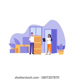 	
Moving into new House Concept. People have Relocation in new place. Things in Box in Truck set. Moving Furniture with Transport. Flat style Design. Vector Cartoon Illustration.