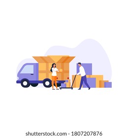 	
Moving into new House Concept. People have Relocation in new place. Things in Box in Truck set. Moving Furniture with Transport. Flat style Design. Vector Cartoon Illustration.