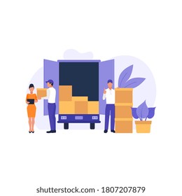 	
Moving into new House Concept. People have Relocation in new place. Things in Box in Truck set. Moving Furniture with Transport. Flat style Design. Vector Cartoon Illustration.