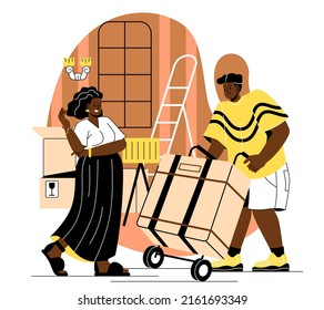 Moving into new house concept. Young woman relocated to new renovated apartment with furniture. Staff transports cardboard boxes with things. Cartoon flat vector illustration in doodle style