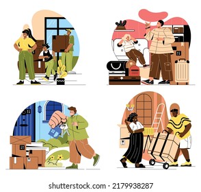 Moving into new house. Men, women and families with children relocated to new apartment with cardboard boxes and things. Happy housewarming. Cartoon flat vector collection isolated on white background