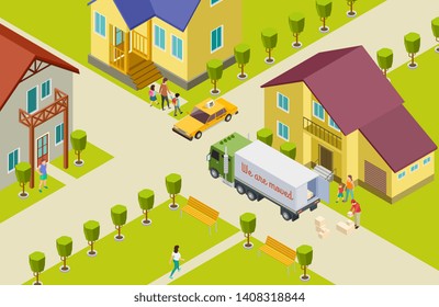 Moving Isometric Vector Illustration. Neighborhood In A Small Town, Home, Park, People, Delivery Track