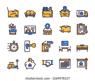 Moving items color linear icons set. Relocation concept. Cardboard boxes symbols pack. Express delivery service, renovating, logistics company. New home design elements. Isolated vector illustrations